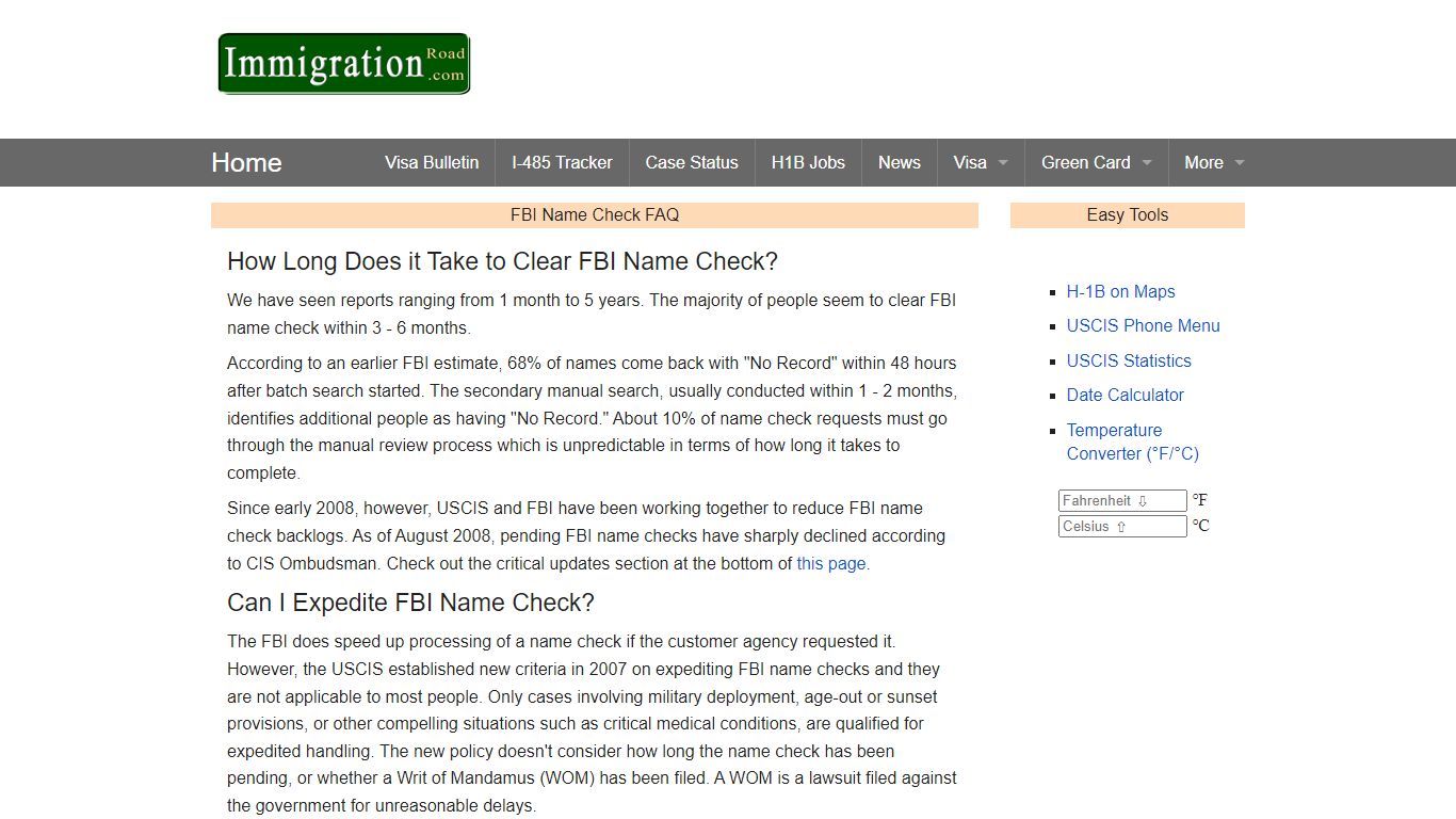 Immigration: FBI Name Check FAQ - Frequently Asked Questions